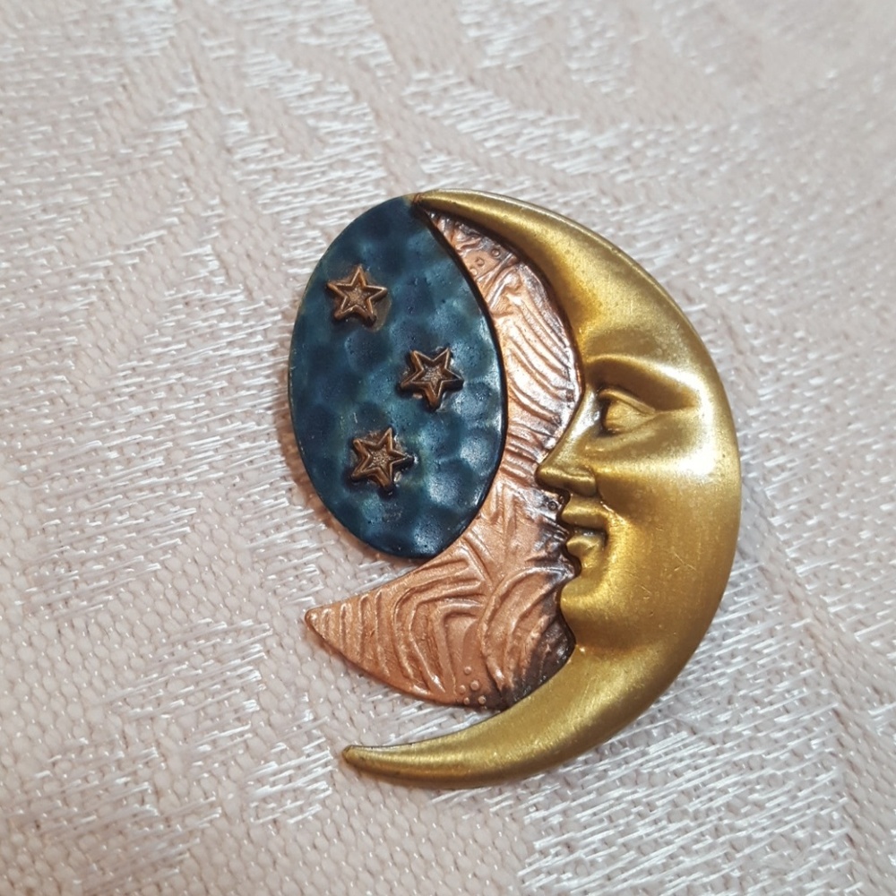 Vintage Celestial Moon Stars Mixed Metals Brooch - Picture 1 of 2